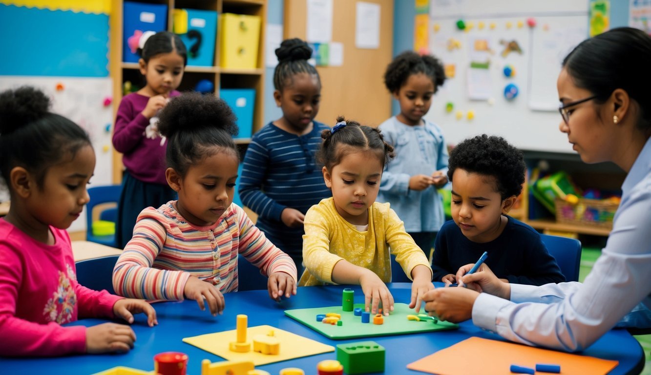 A group of children engage in hands-on activities, surrounded by colorful educational materials and toys, while a researcher observes and takes notes