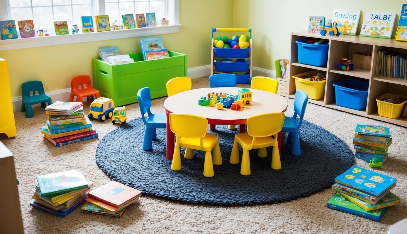 Colorful toys and books arranged on a cozy rug in a bright, inviting playroom.</p><p>A child-sized table and chairs are set up for hands-on learning activities