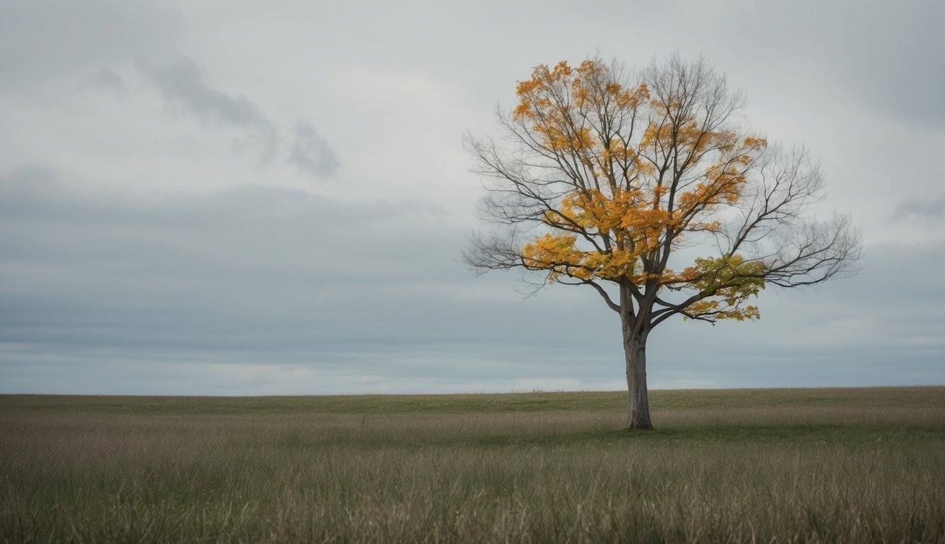 A lone tree stands tall in a field, its branches swaying in the wind.</p><p>The changing colors of the leaves symbolize the transitions of adulthood, while the sturdy trunk represents emotional maturity