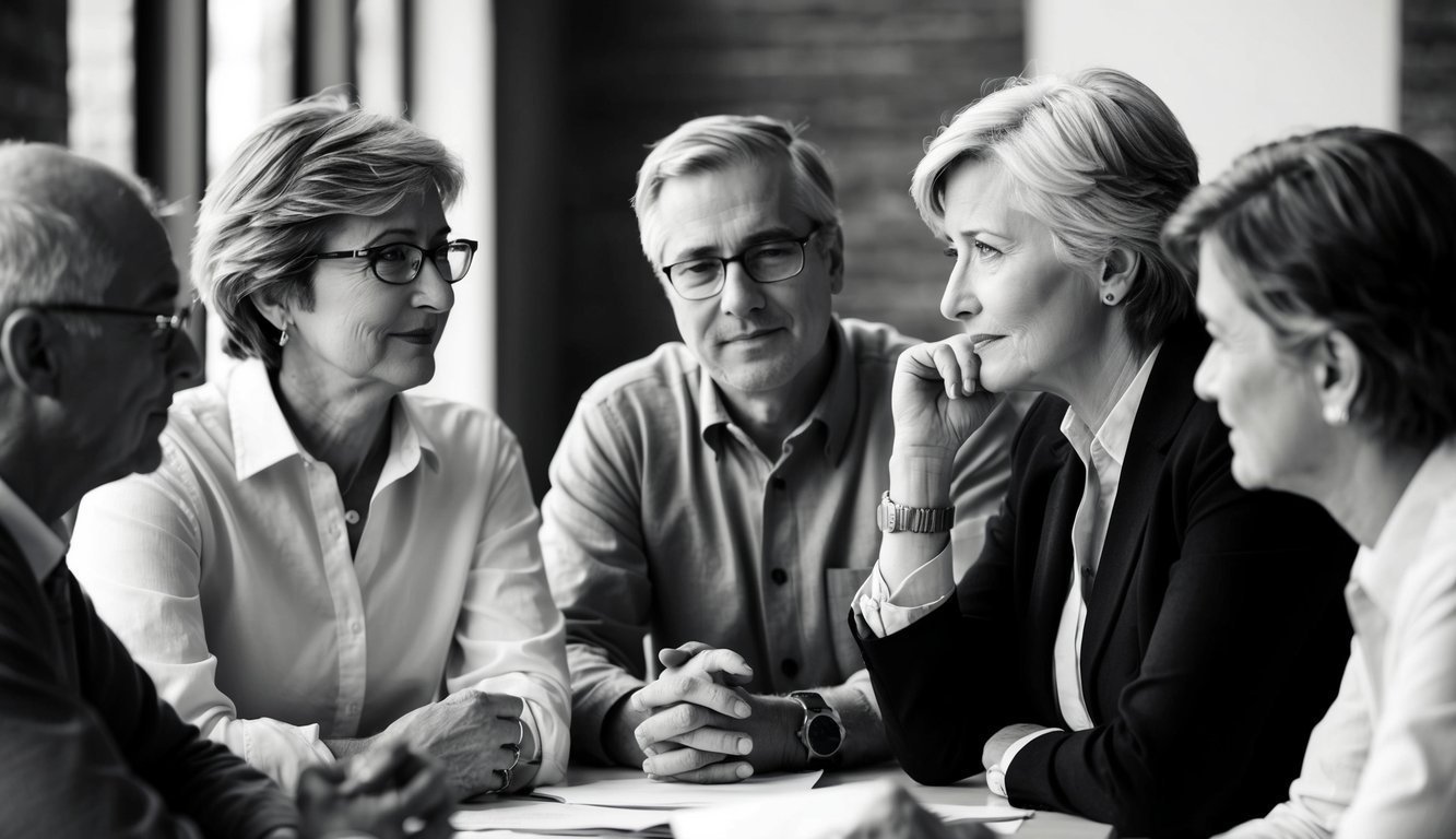 A group of adults engage in deep conversation, their body language reflecting empathy and understanding.</p><p>Some individuals are nodding in agreement, while others are leaning in attentively