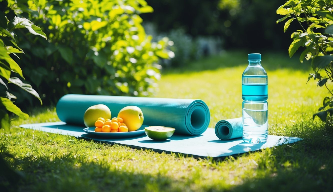 A serene garden with a yoga mat, fresh fruits, and a water bottle, surrounded by greenery and sunlight