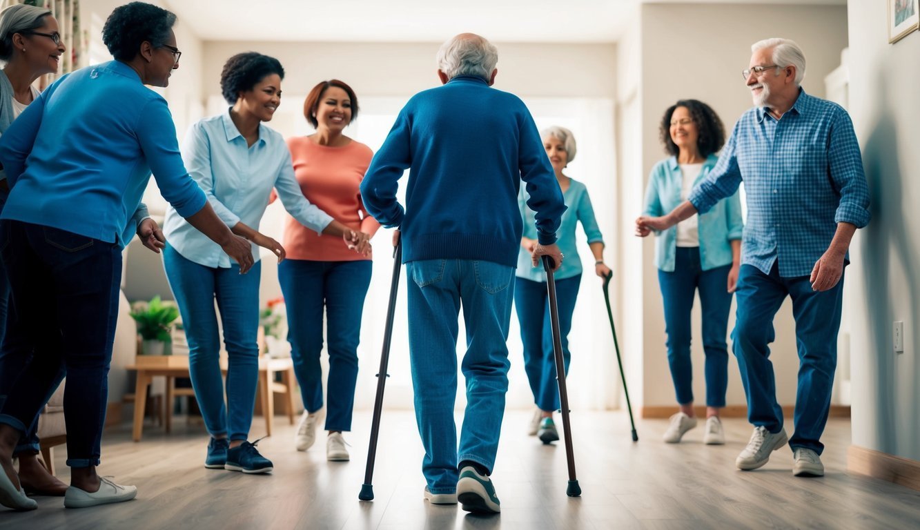 An elderly person walking with a cane, surrounded by supportive friends and family, facing various challenges of aging