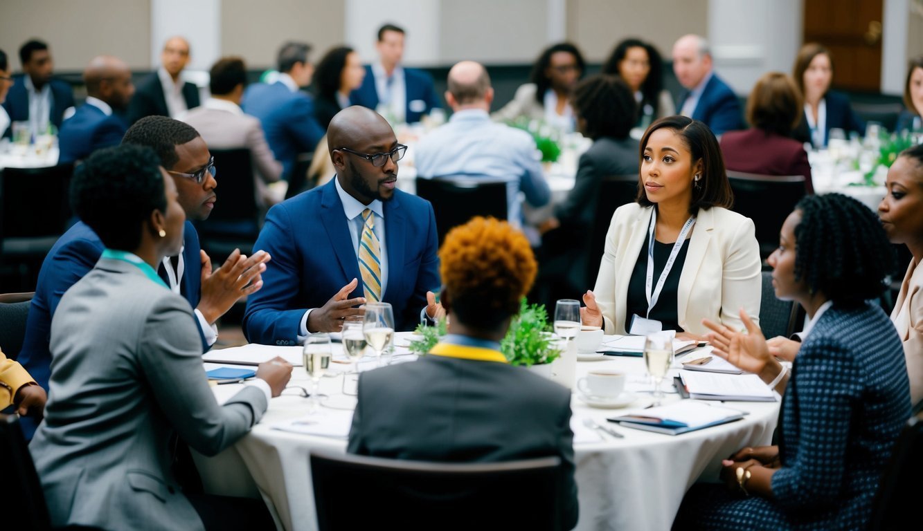 A group of diverse professionals engaged in meaningful discussions and networking at a conference, reflecting emotional growth and development in adulthood