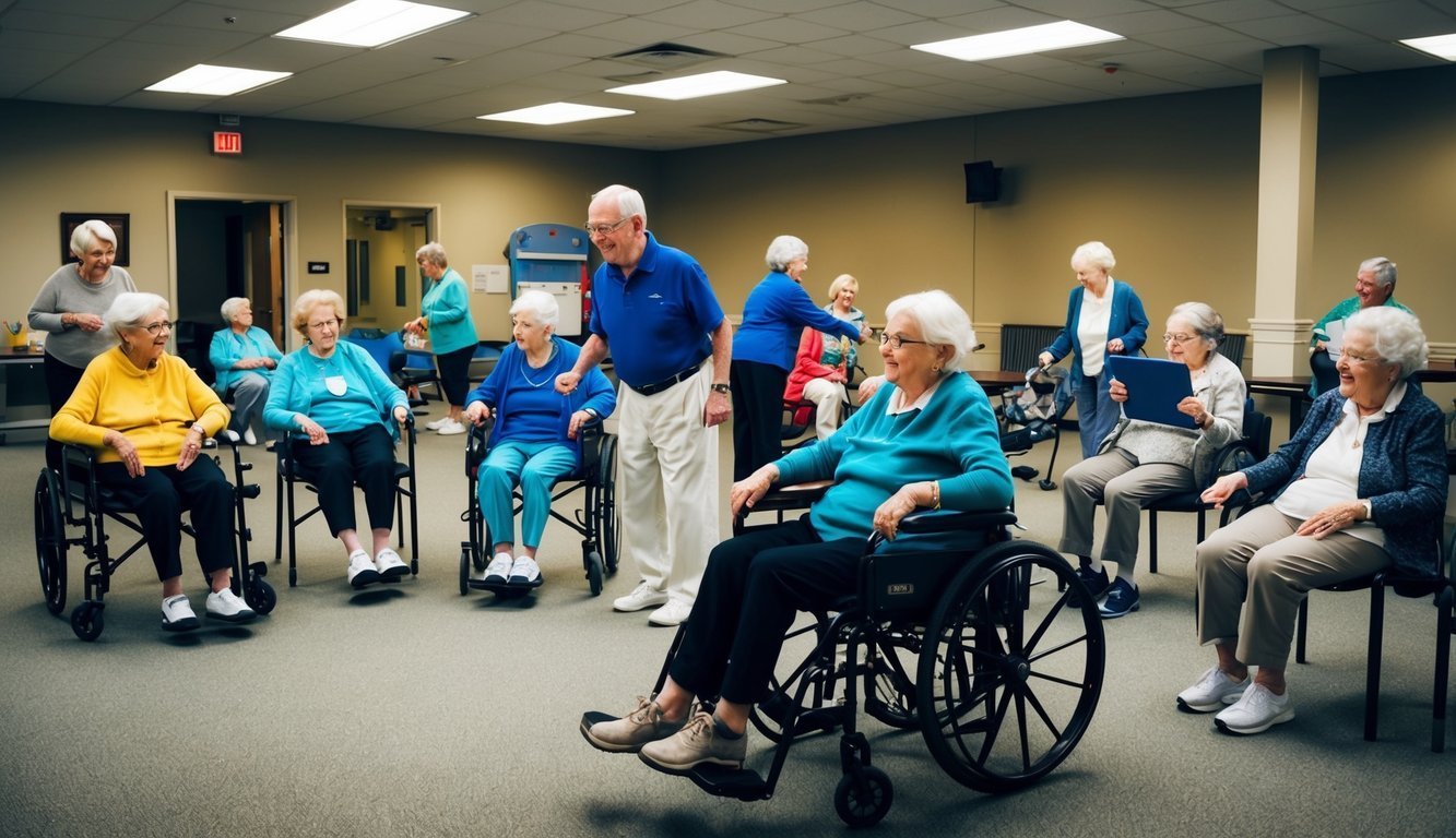 A group of elderly individuals engaging in various activities, such as socializing, exercising, and attending educational programs, in a community center specifically designed for aging populations