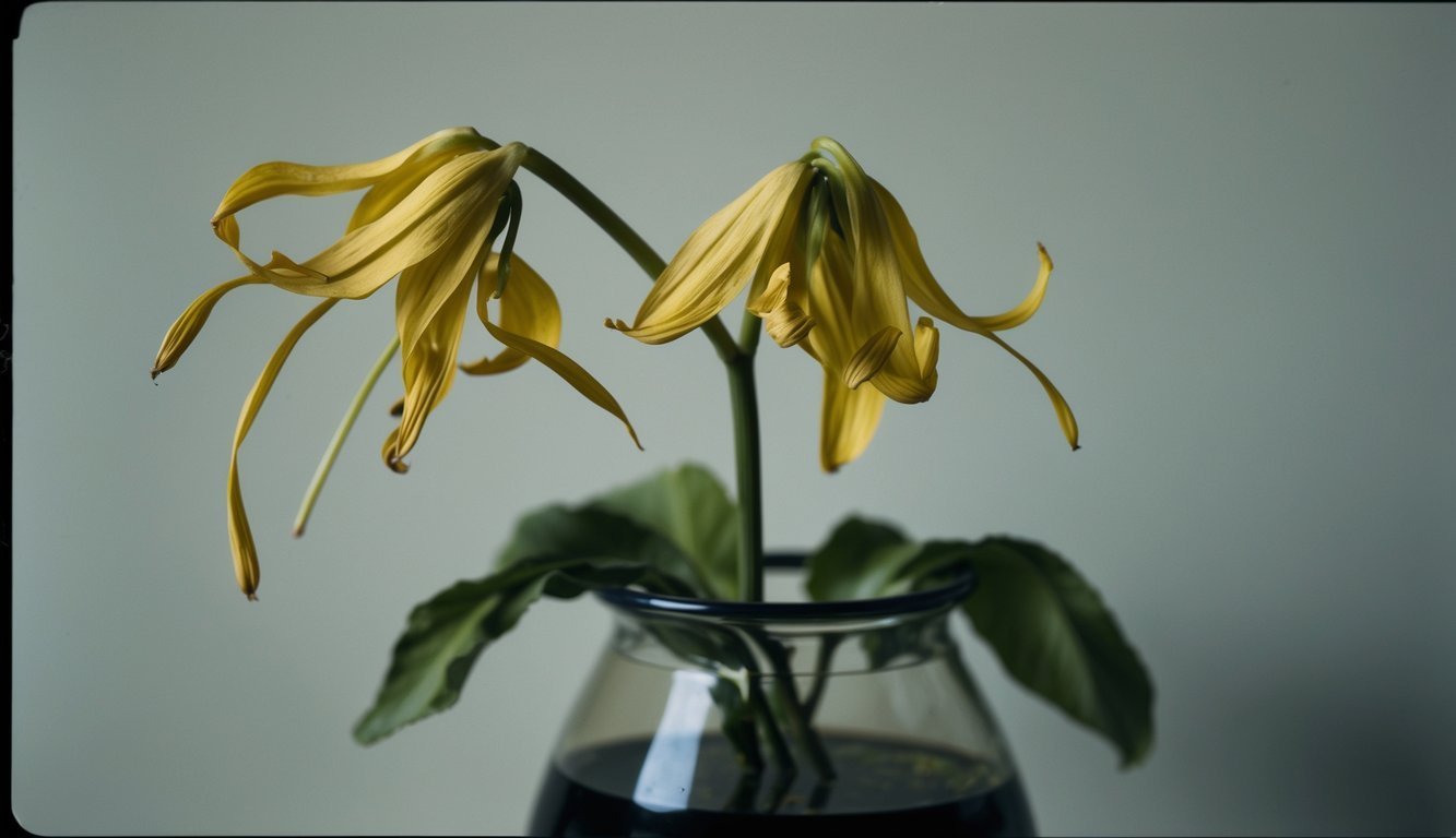 A wilted flower wilting in a vase, with drooping petals and faded colors, symbolizing the physiological effects of aging on the body