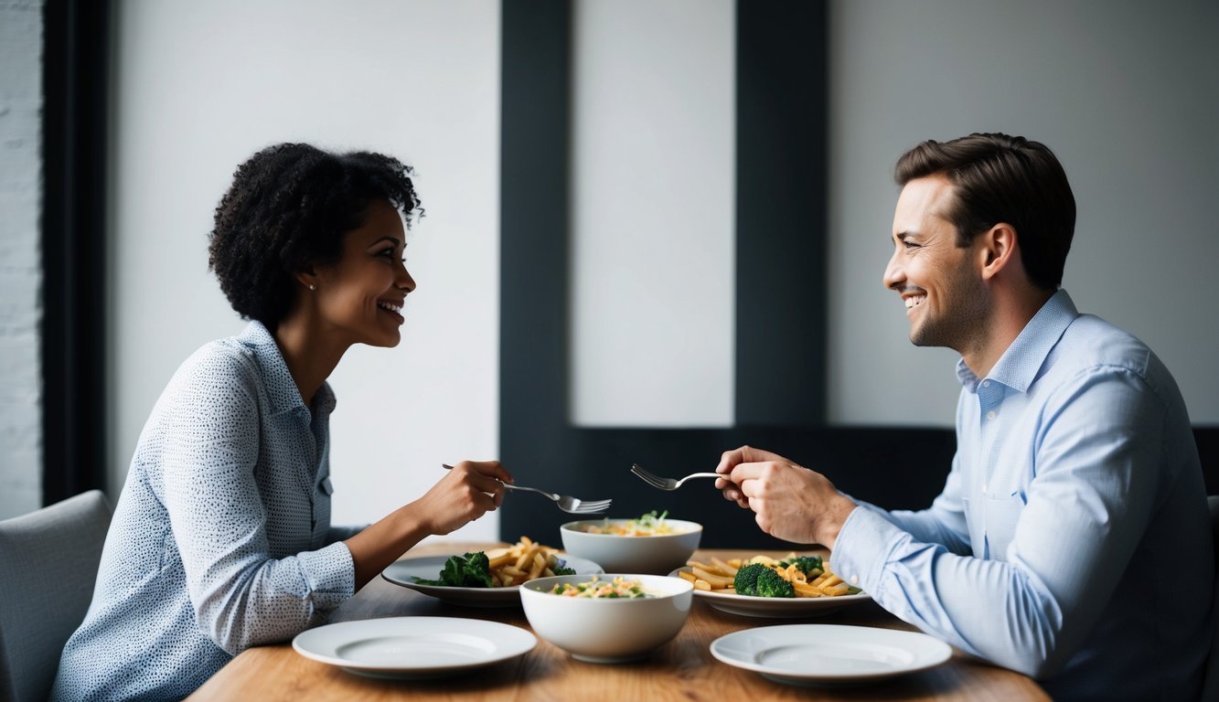 A couple sitting together, facing each other, sharing a meal.</p><p>They are smiling and engaged in conversation, showing mutual respect and affection