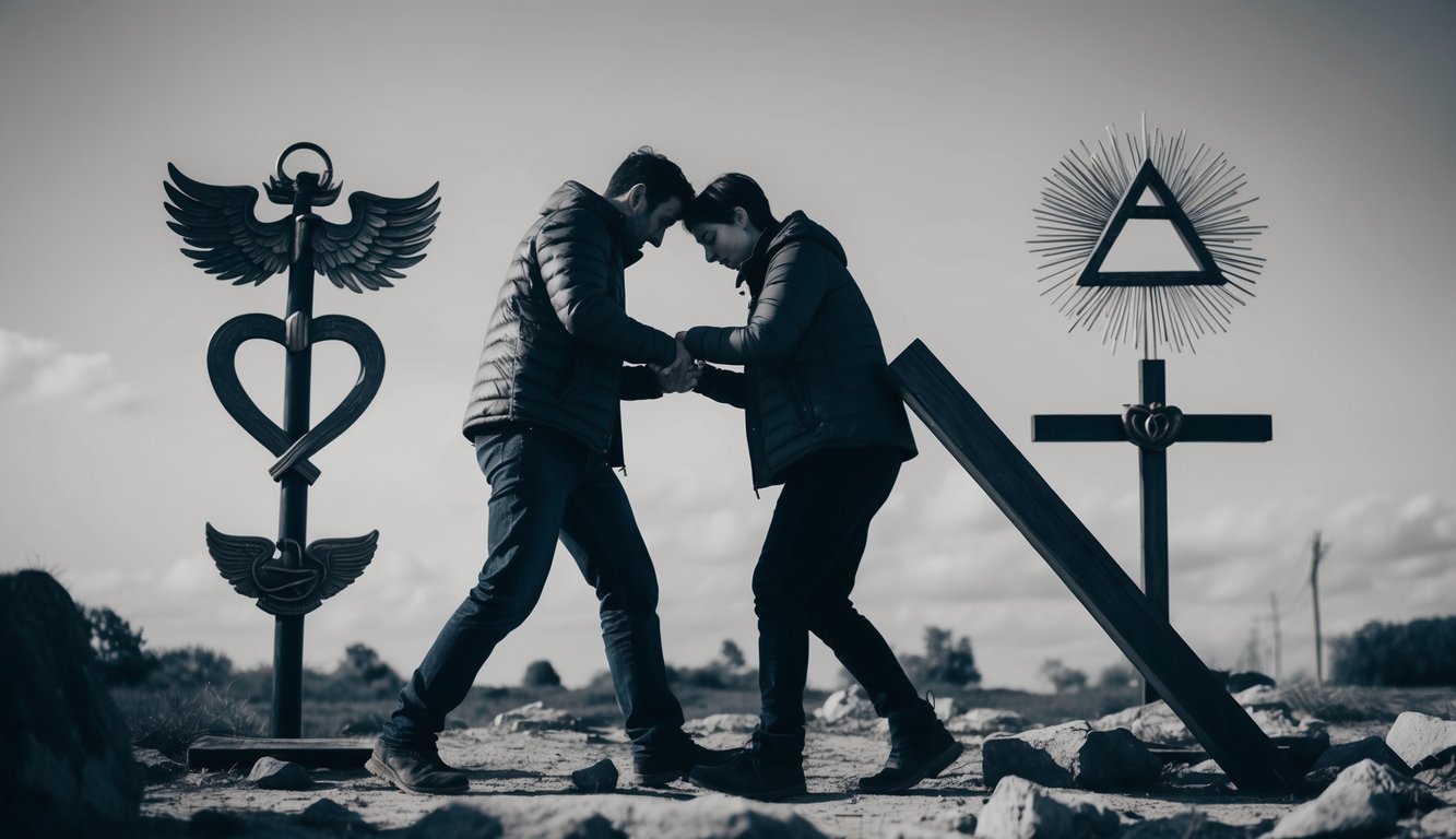 A couple working together to overcome obstacles, surrounded by symbols of love and unity