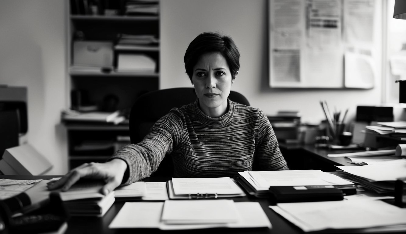 A person sitting at a desk, surrounded by various objects and papers, with a focused expression and a hand reaching out towards an object