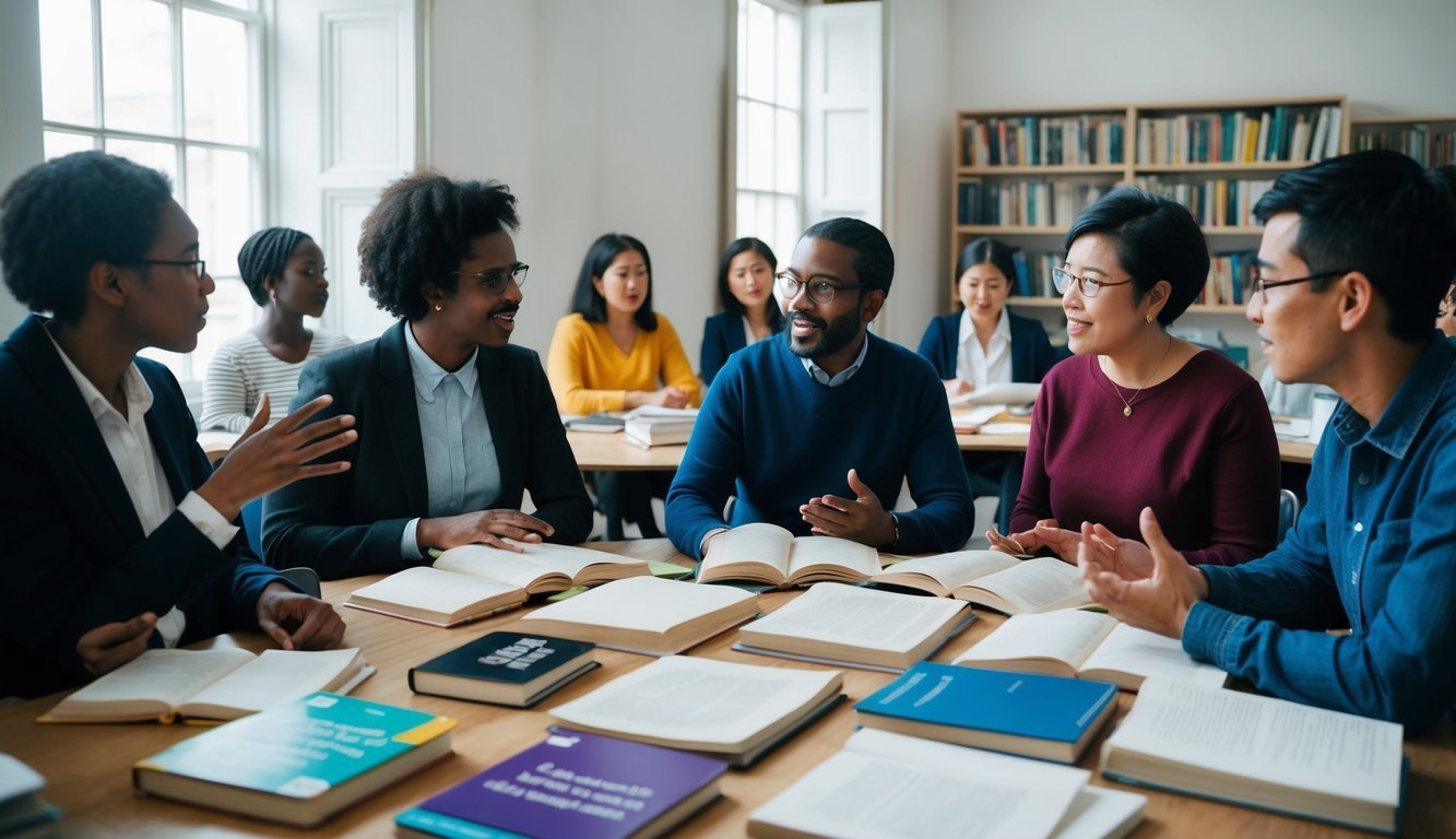 A diverse group of people engaged in conversation, each speaking a different language.</p><p>Books and language learning materials scattered around the room