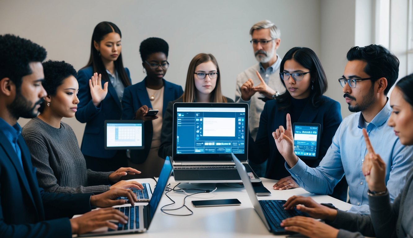 A diverse group of people using various forms of technology to communicate, including speaking, typing, and signing