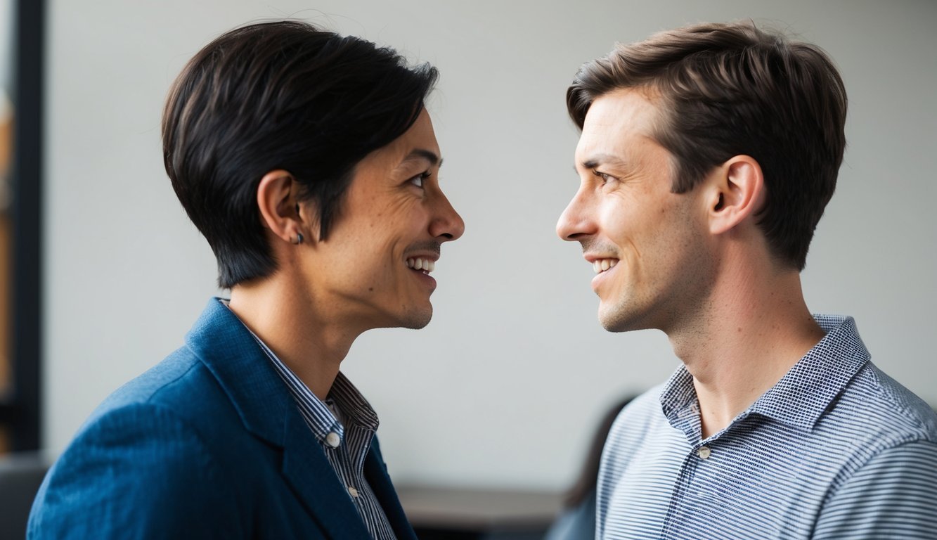 Two people facing each other, maintaining eye contact, and engaged in a conversation.</p><p>They are using open body language and expressive facial expressions.