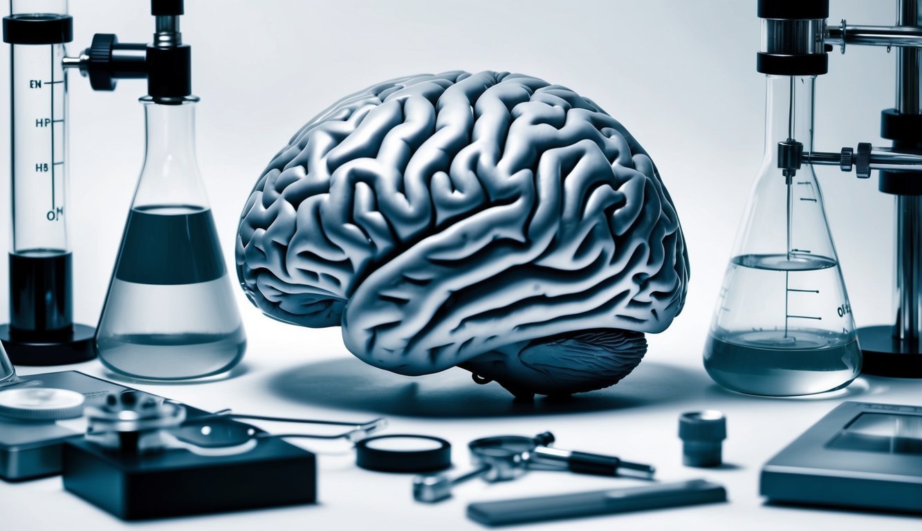 A brain surrounded by scientific equipment and symbols representing different fields of study (e.g. biology, psychology, chemistry)