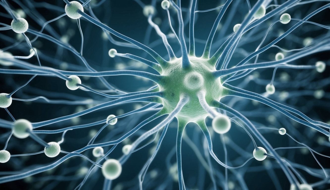 A web of neurons sending signals through the nervous system, with neurotransmitters crossing synapses between them