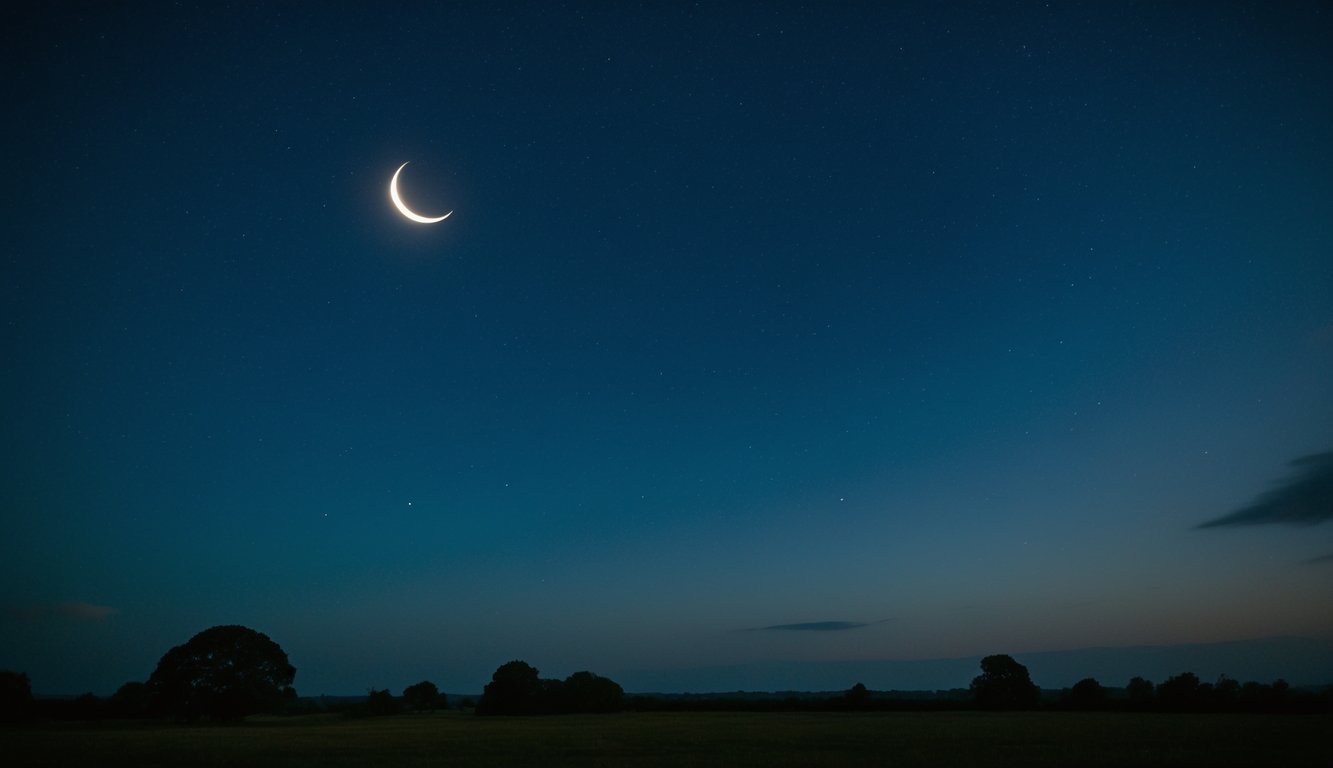 A serene night sky with a crescent moon, stars, and a peaceful landscape