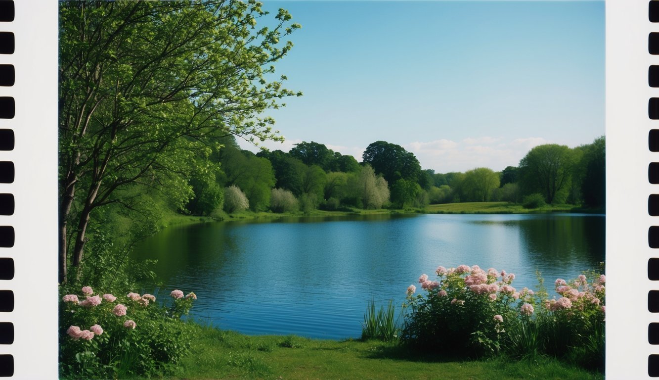 A serene natural landscape with a peaceful lake, surrounded by lush greenery and blooming flowers, with a tranquil atmosphere and clear blue skies