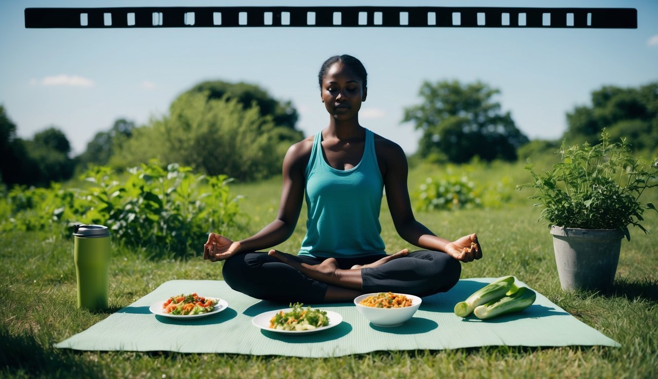 A serene nature scene with a person meditating, surrounded by greenery and clear skies, engaging in physical activity, and eating nutritious food