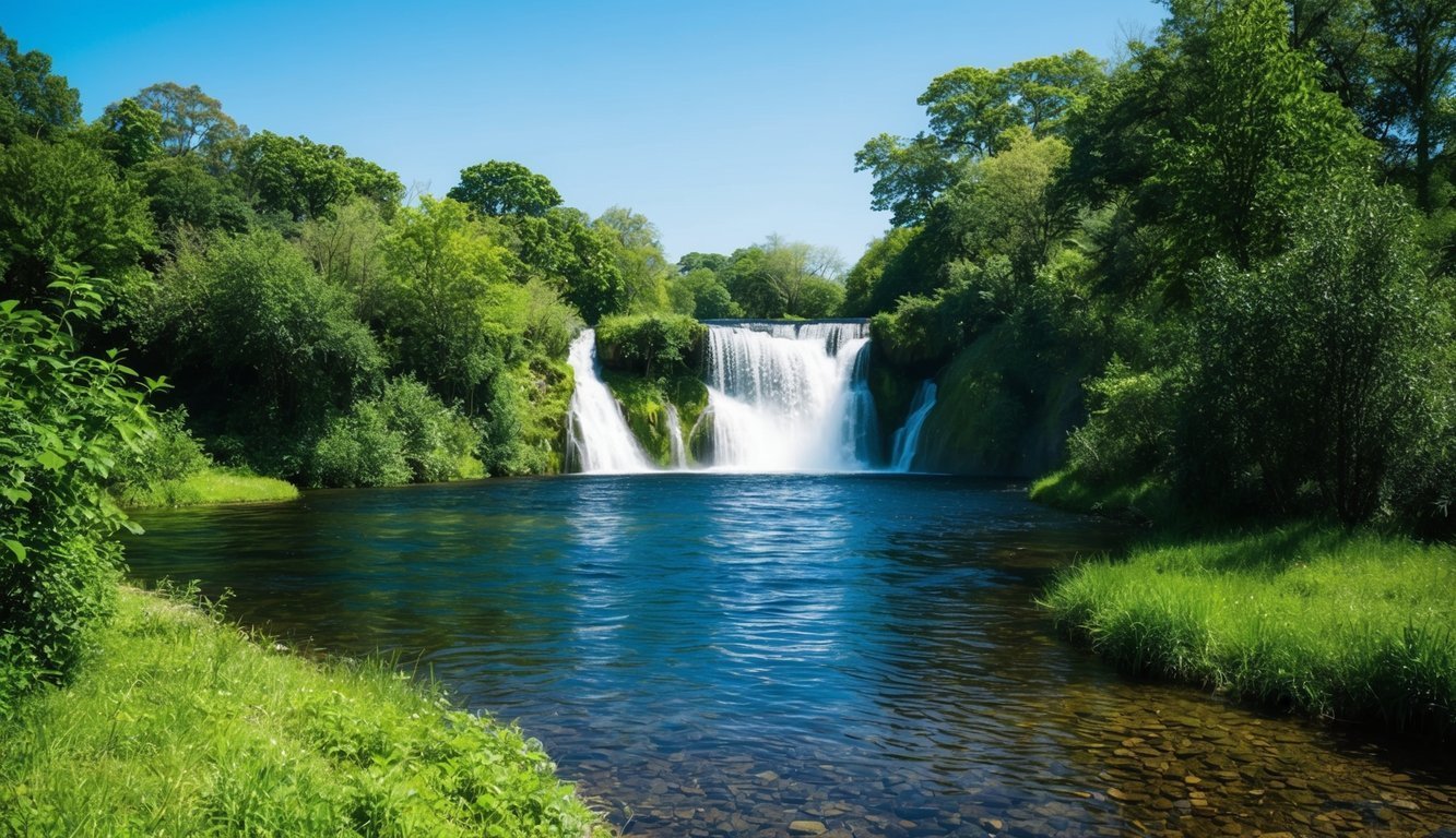 A serene nature scene with a peaceful waterfall, lush greenery, and a clear blue sky, evoking a sense of calm and relaxation