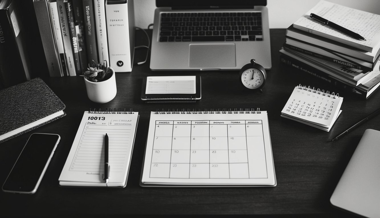 A cluttered desk with a calendar, to-do list, and a timer, surrounded by books and a laptop