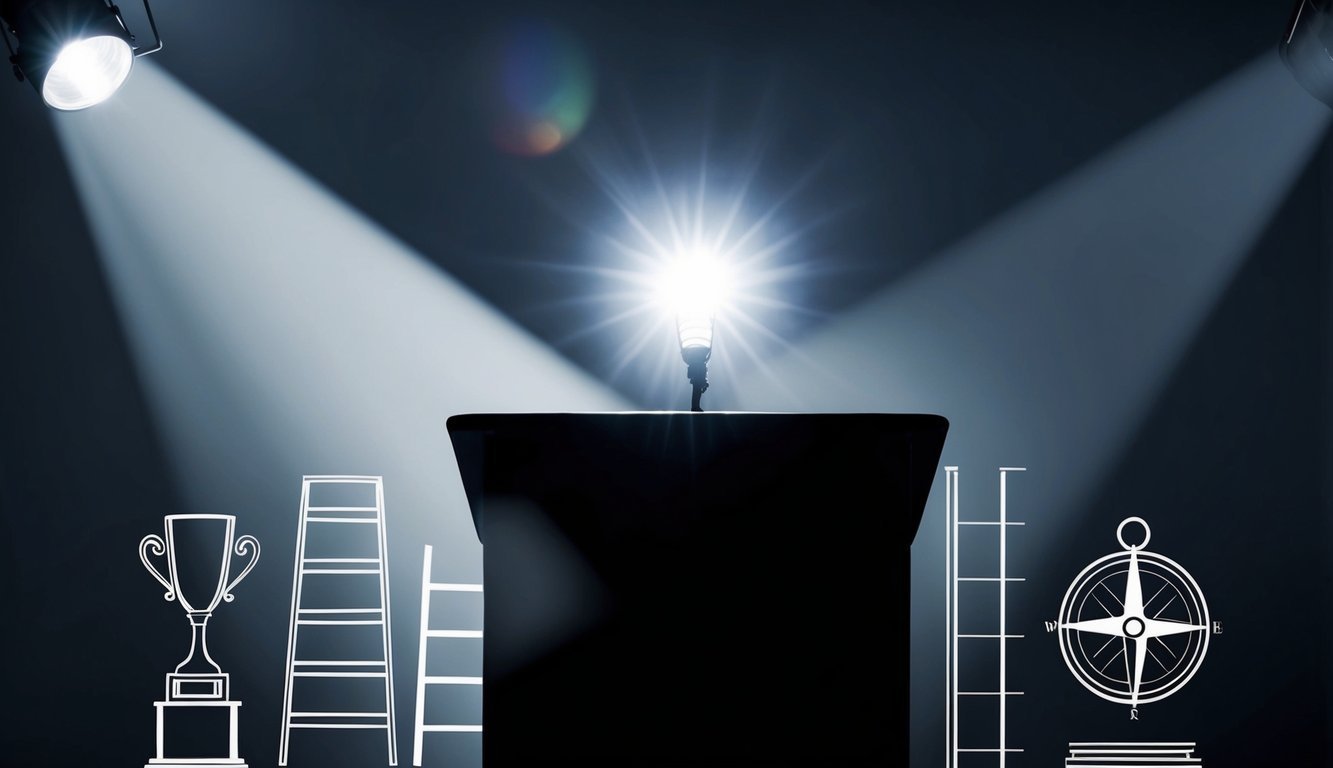 A bright spotlight shines on a podium surrounded by motivational symbols like a trophy, a ladder, and a compass