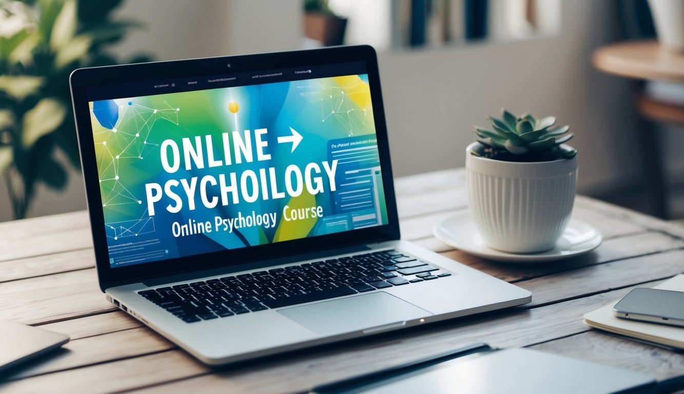 A laptop displaying an online psychology course with a vibrant, abstract background symbolizing personal growth and mental health