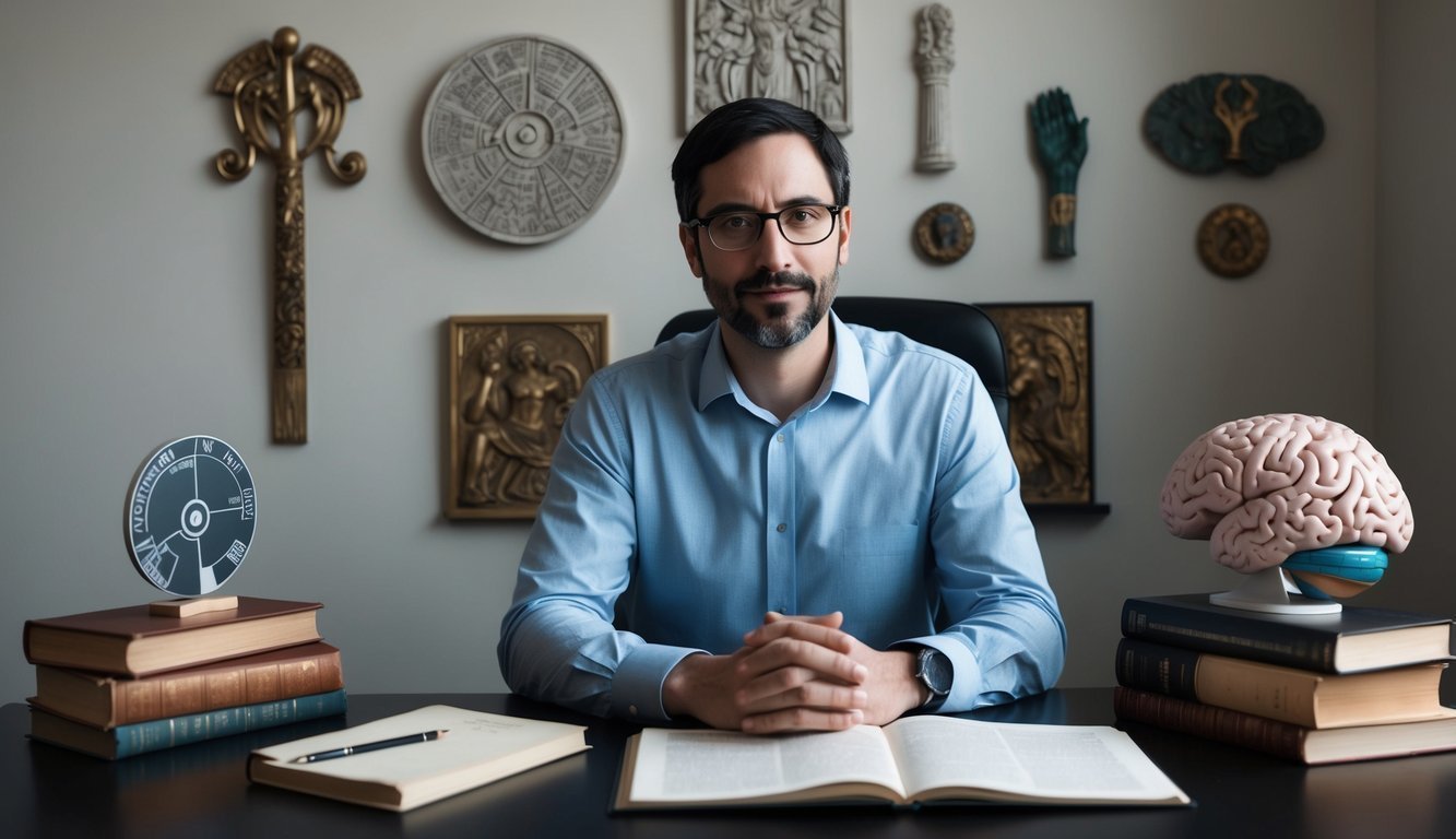 A psychologist surrounded by ancient mythological symbols, books, and a brain model