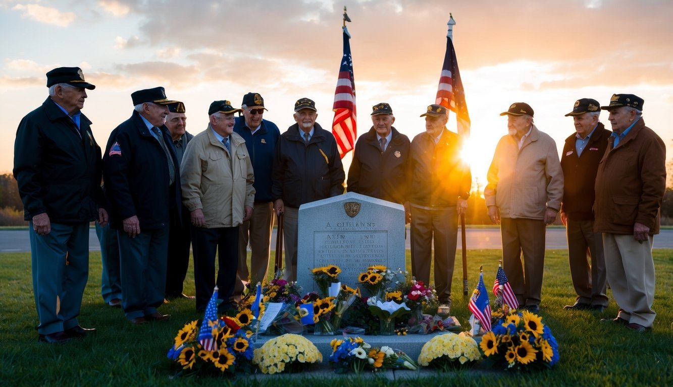 A group of World War 2 veterans gather around a memorial, adorned with flowers and flags, as the sun sets behind them, casting a warm glow on their faces