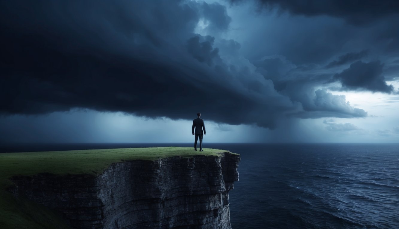 A lone figure stands on a cliff overlooking a vast, dark ocean, with storm clouds gathering in the sky.</p><p>The scene is ominous and foreboding, evoking a sense of impending doom