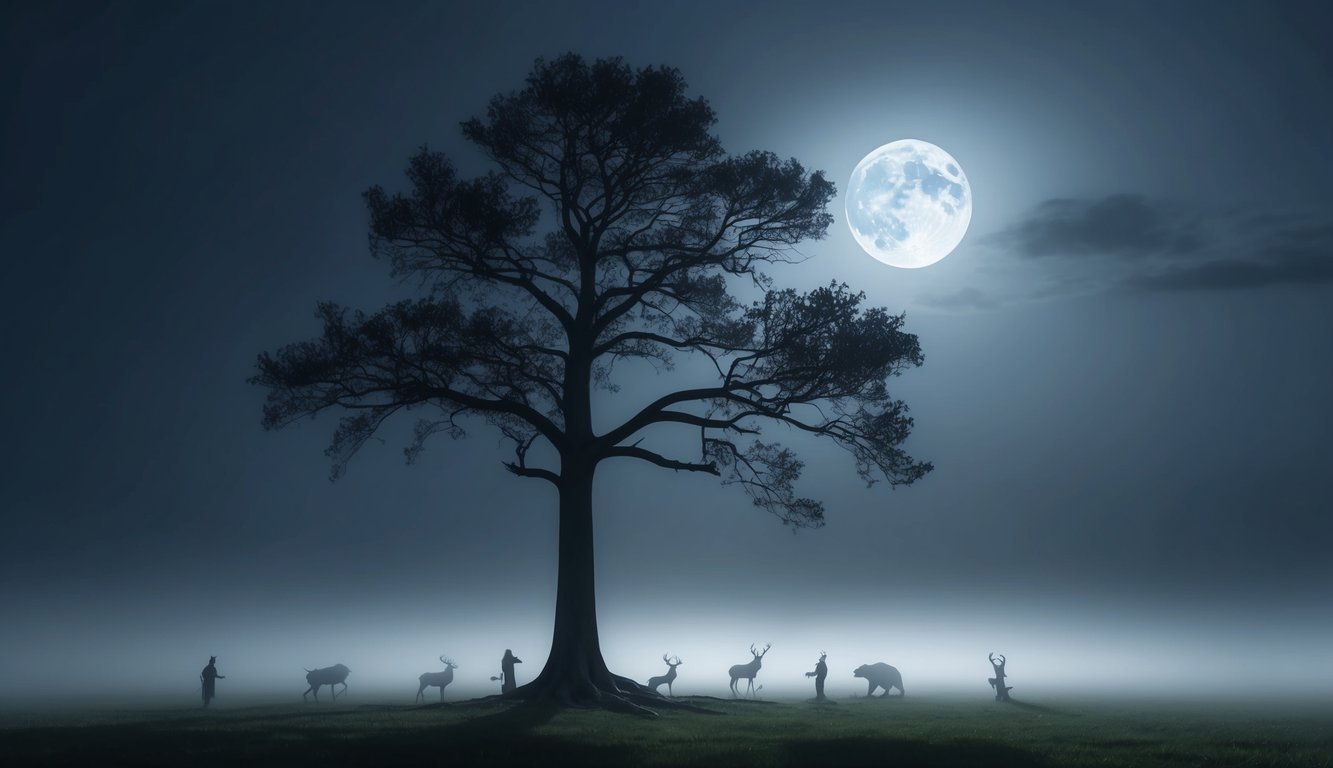 A lone tree stands in a misty forest, its branches reaching towards a full moon.</p><p>Shadows of animals and figures dance among the roots