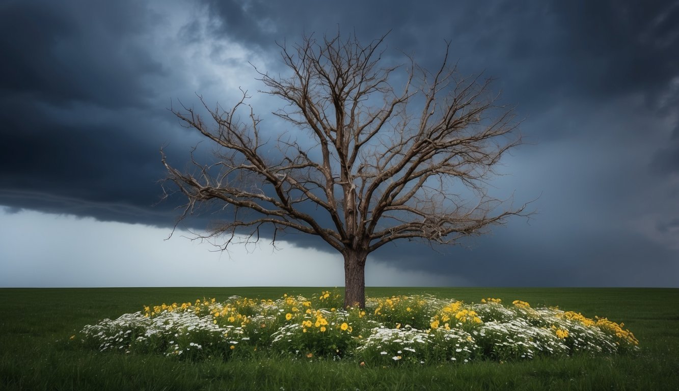 A withered tree surrounded by wilting flowers, under a dark, stormy sky