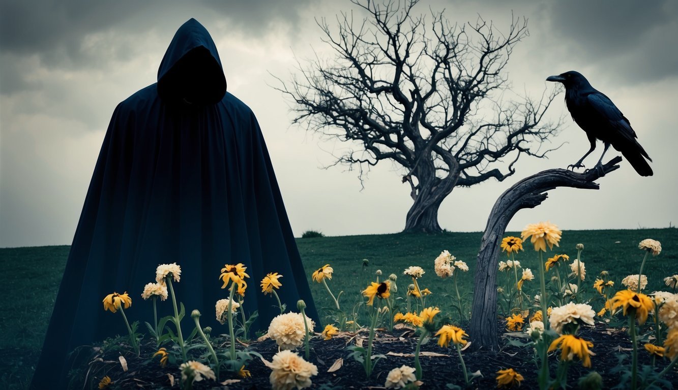 A dark, shadowy figure looms over a bed of wilting flowers, while a raven perches on a twisted, leafless tree in the background