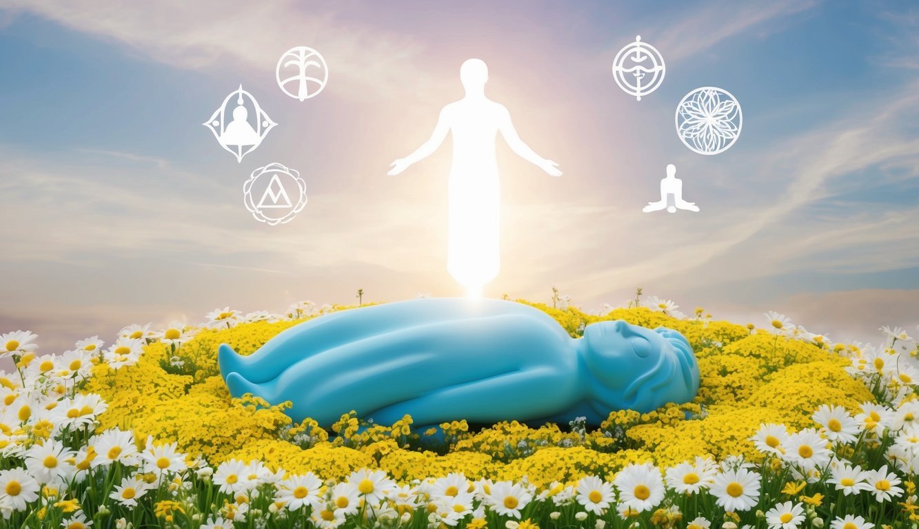 A serene figure floats above a bed of blooming flowers, surrounded by symbols of life and rebirth