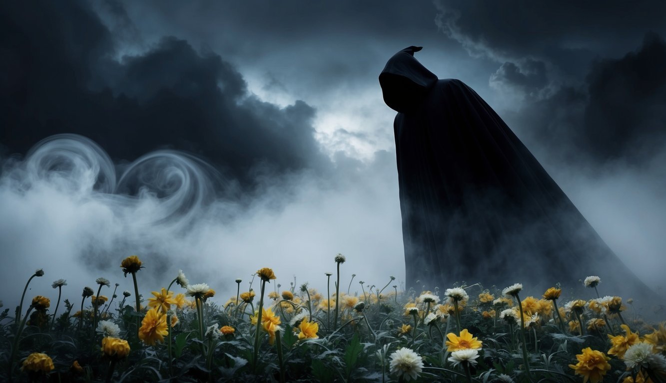 A shadowy figure looms over a bed of wilting flowers, surrounded by swirling mist and dark, foreboding clouds