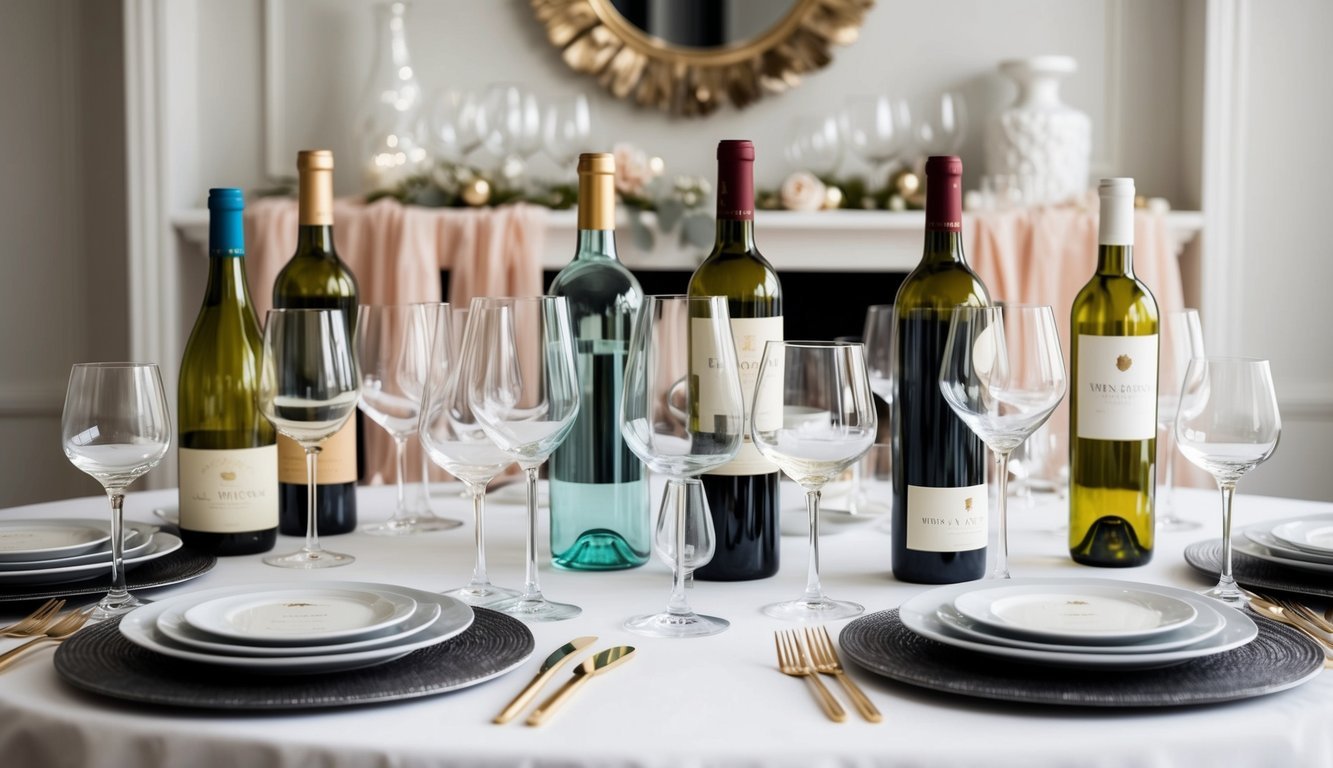 A table set with various wine glasses and bottles, surrounded by elegant and whimsical decor