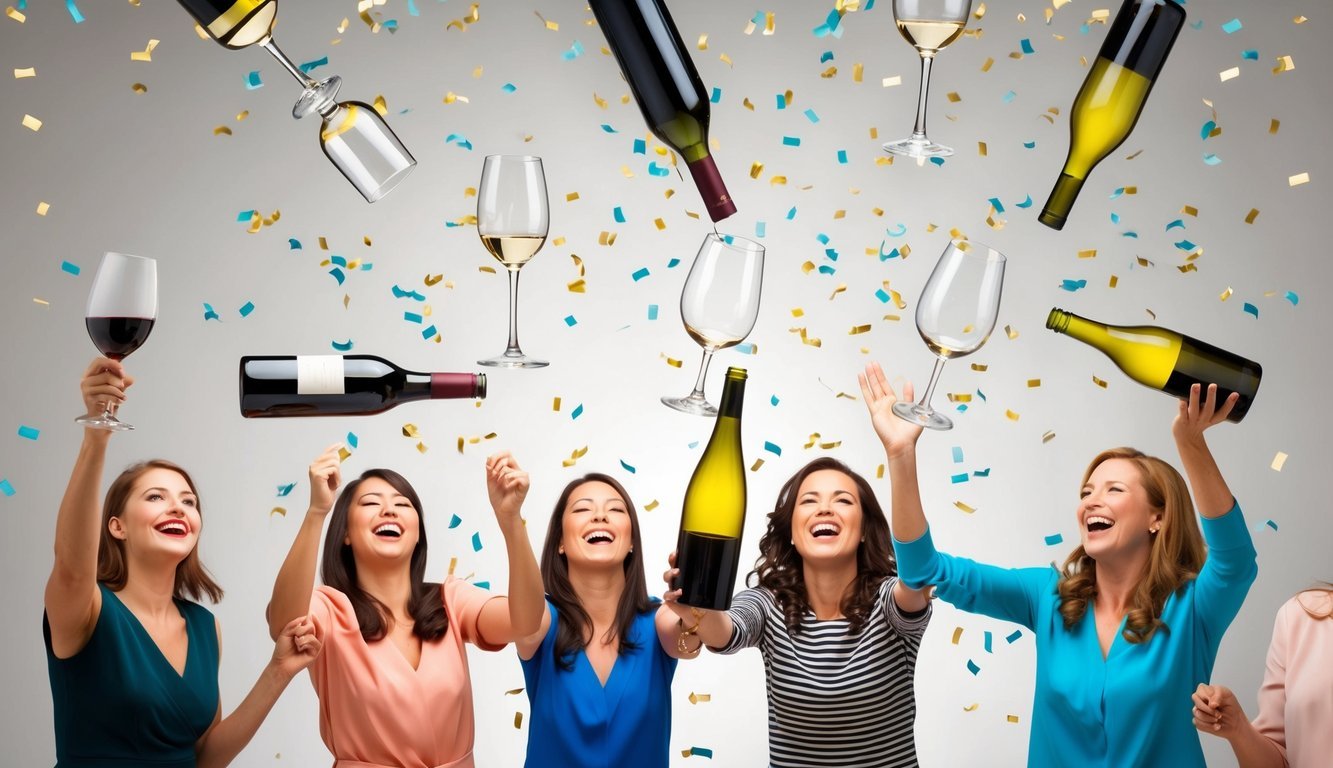 A group of wine glasses and bottles levitating in the air, surrounded by confetti and laughter