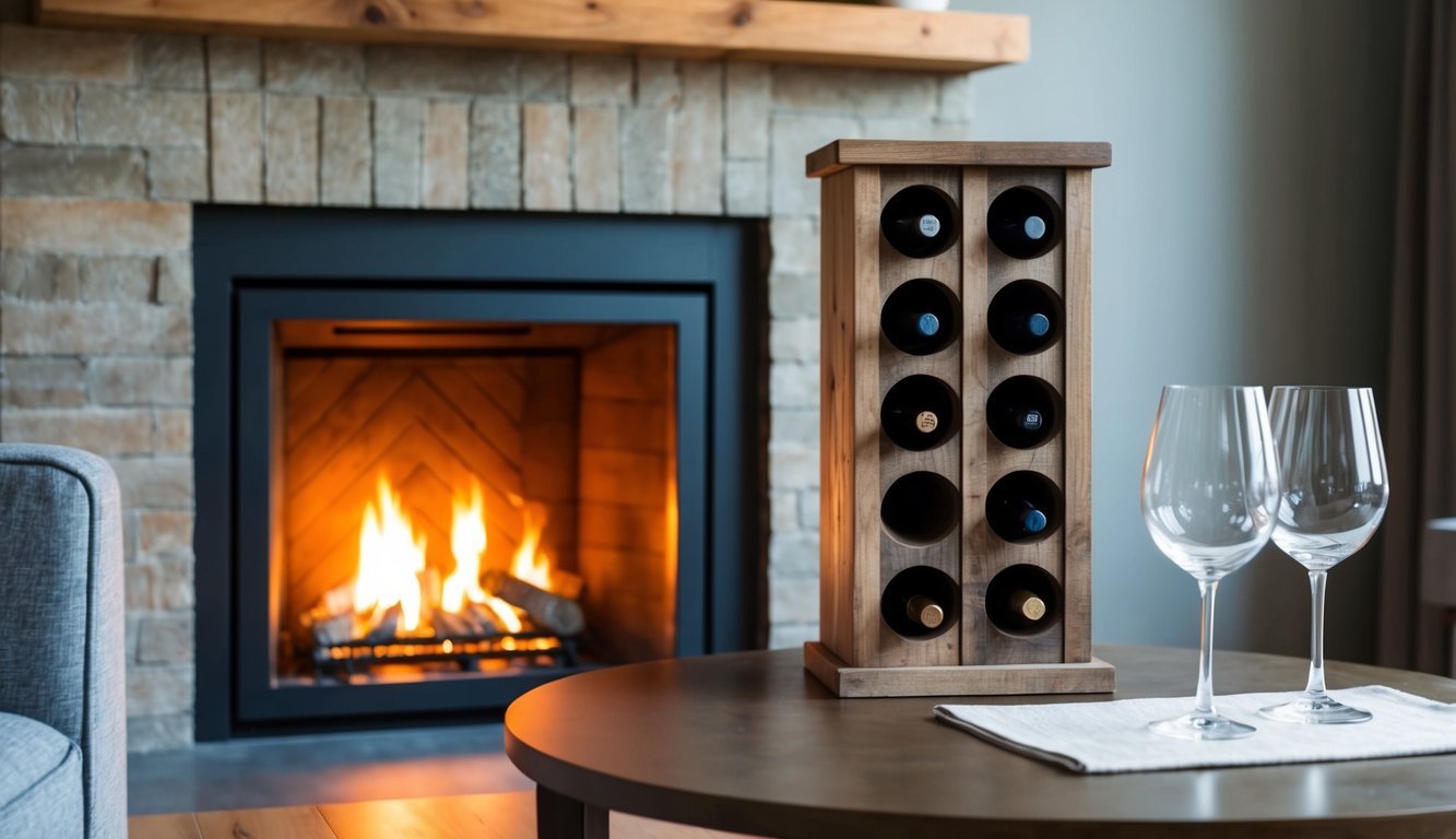 A cozy living room with a crackling fireplace, a rustic wooden wine rack, and two elegant wine glasses on a table
