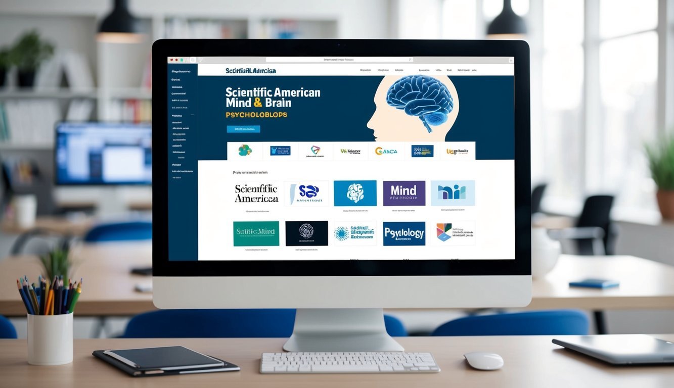 A computer screen displaying the homepage of Scientific American Mind & Brain with 15 psychology website logos