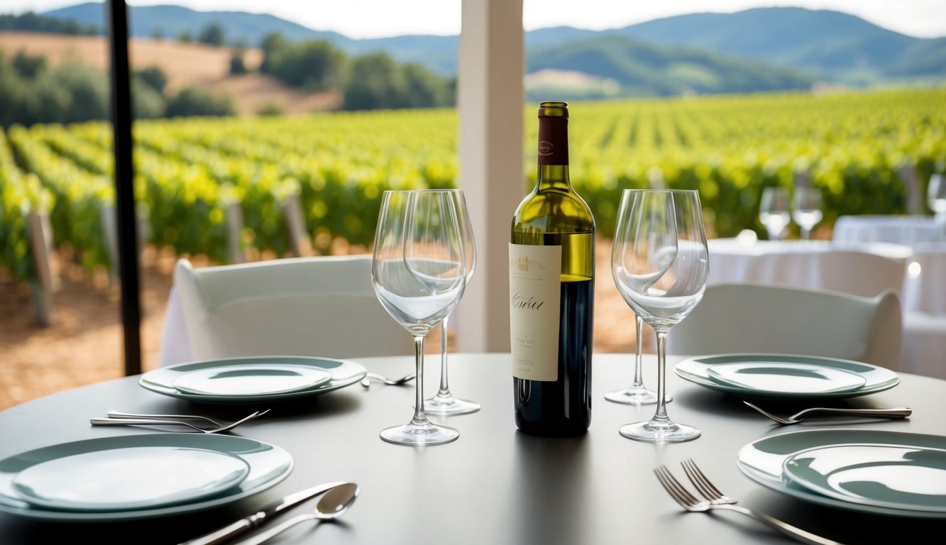 A table set with elegant wine glasses, a bottle of wine, and a beautiful vineyard in the background