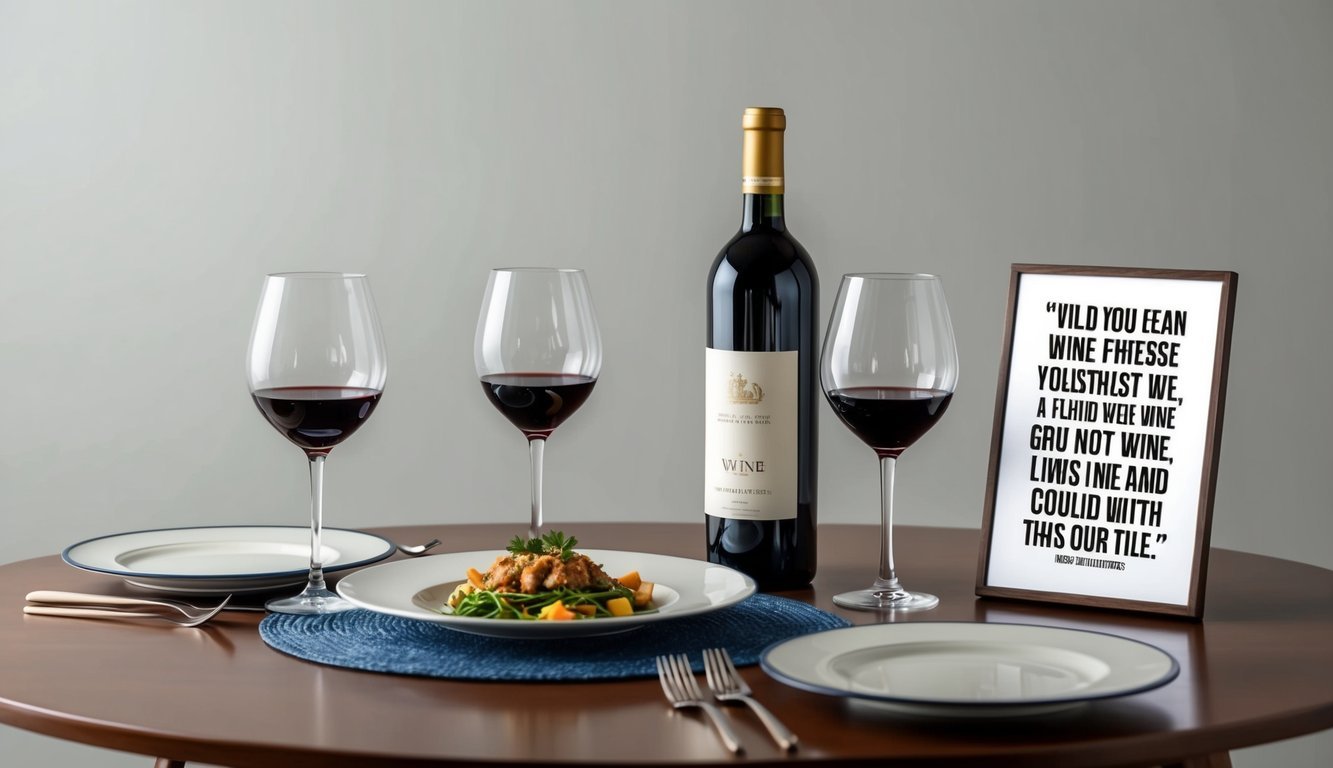 A table set with elegant wine glasses, a bottle of wine, and a plate of food, with a witty wine quote displayed nearby