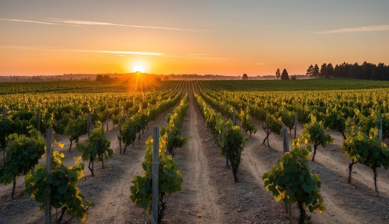 A vineyard at sunset, with rows of grapevines stretching into the distance and a warm, golden light casting a serene and peaceful atmosphere