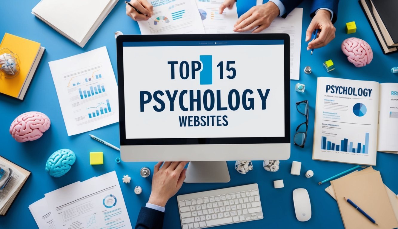 A computer screen displaying the top 15 psychology websites, surrounded by various psychology-related objects such as books, brain models, and research papers