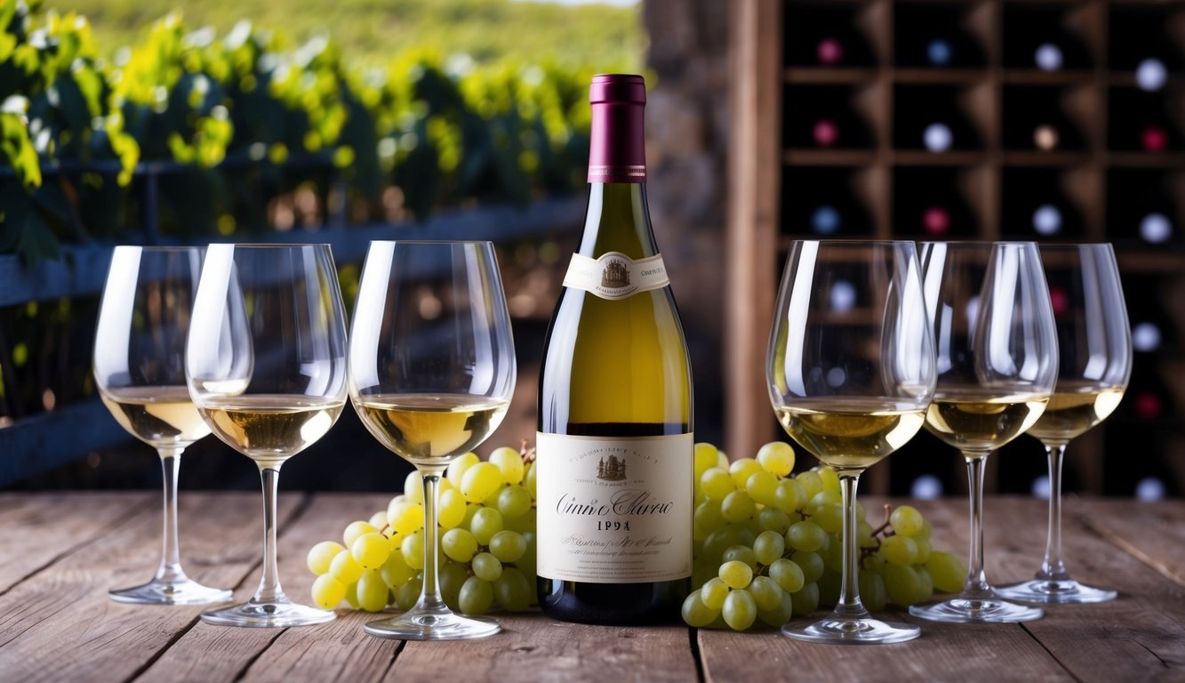 A vintage wine bottle surrounded by elegant wine glasses, with a backdrop of a rustic vineyard or a sophisticated wine cellar