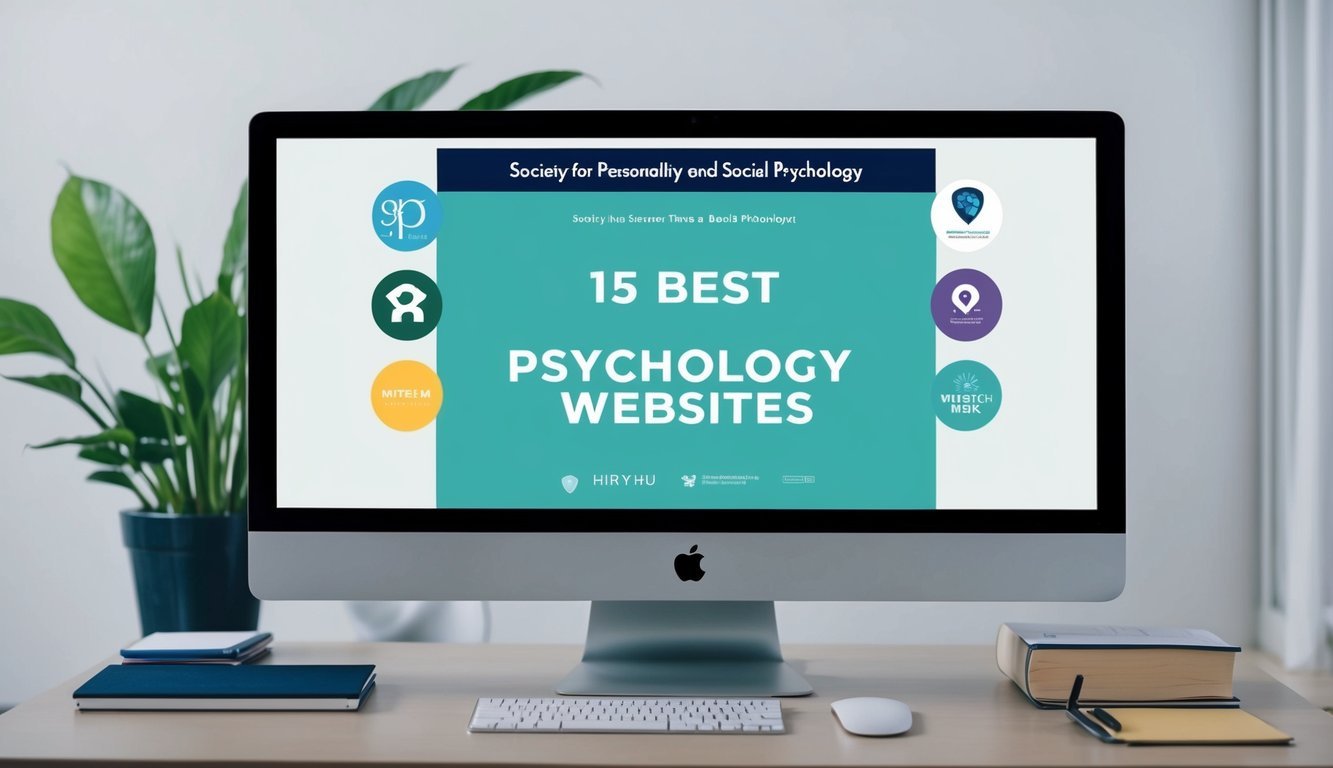 A computer screen displaying the Society for Personality and Social Psychology's 15 best psychology websites, with various website logos and graphics