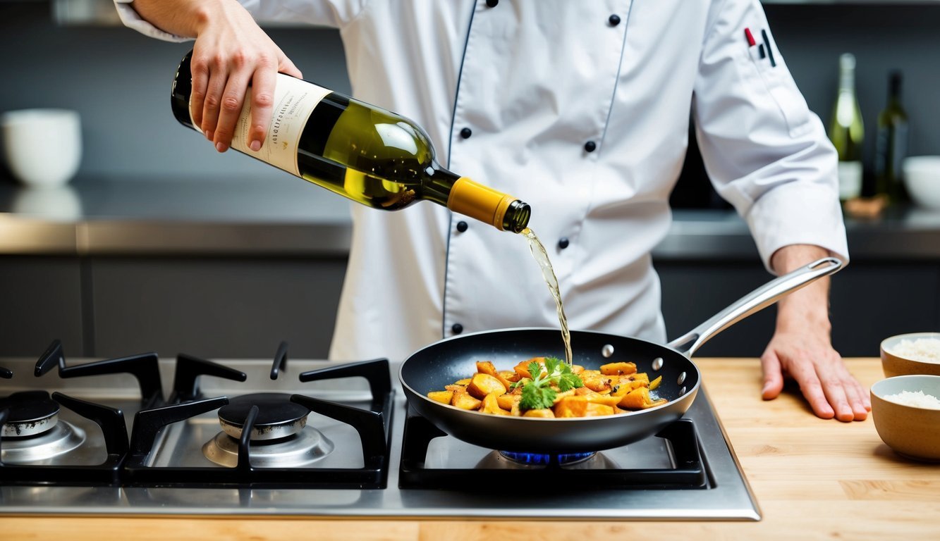A chef pours a bottle of wine into a sizzling pan of food on a stove