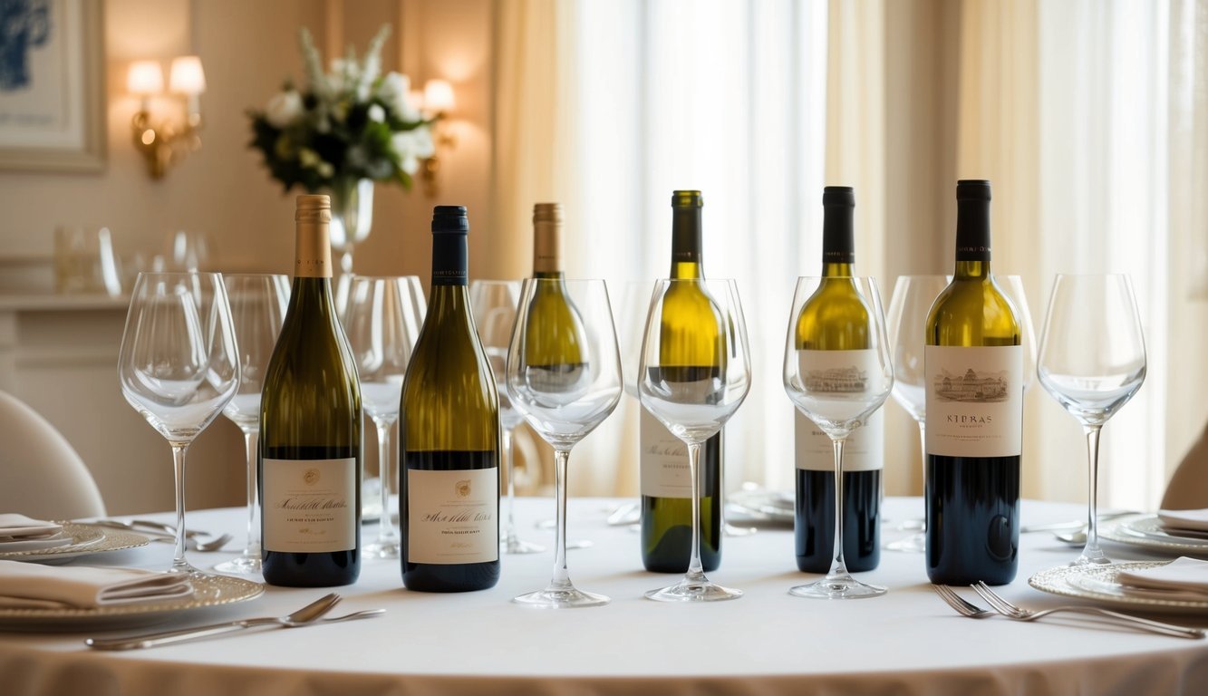 A group of wine glasses and bottles arranged on a table, surrounded by elegant decor and soft lighting
