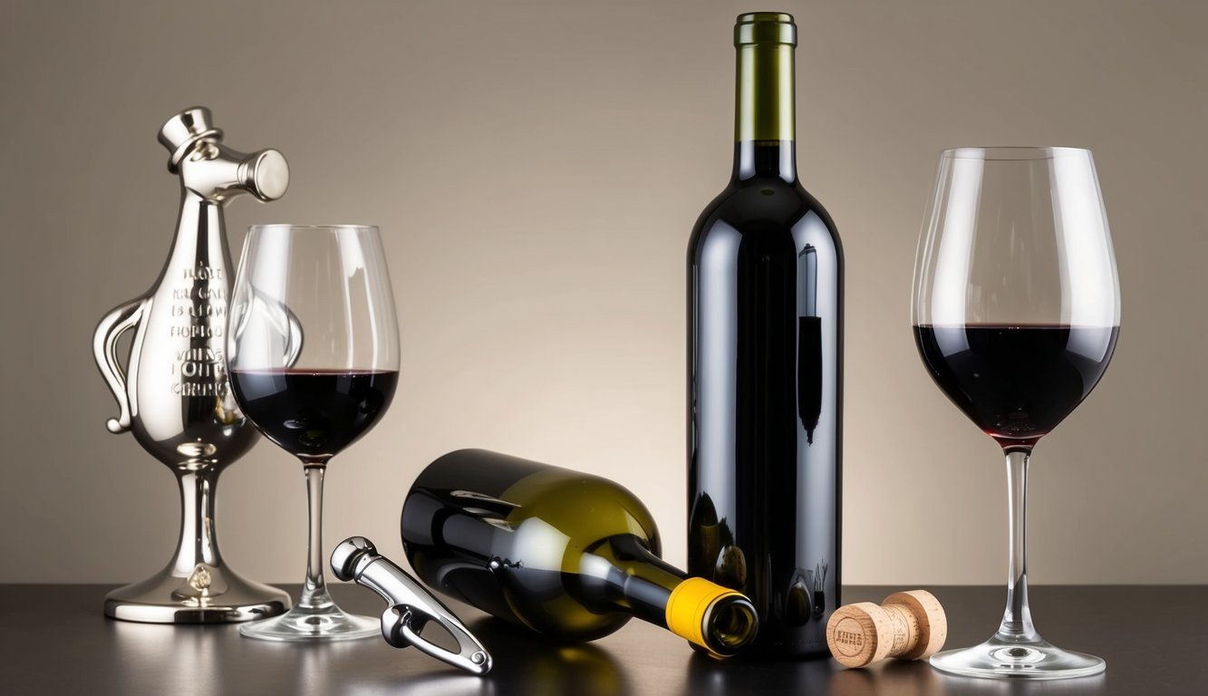 A wine bottle with a cork screw and a glass, surrounded by elegant and humorous wine-themed decor