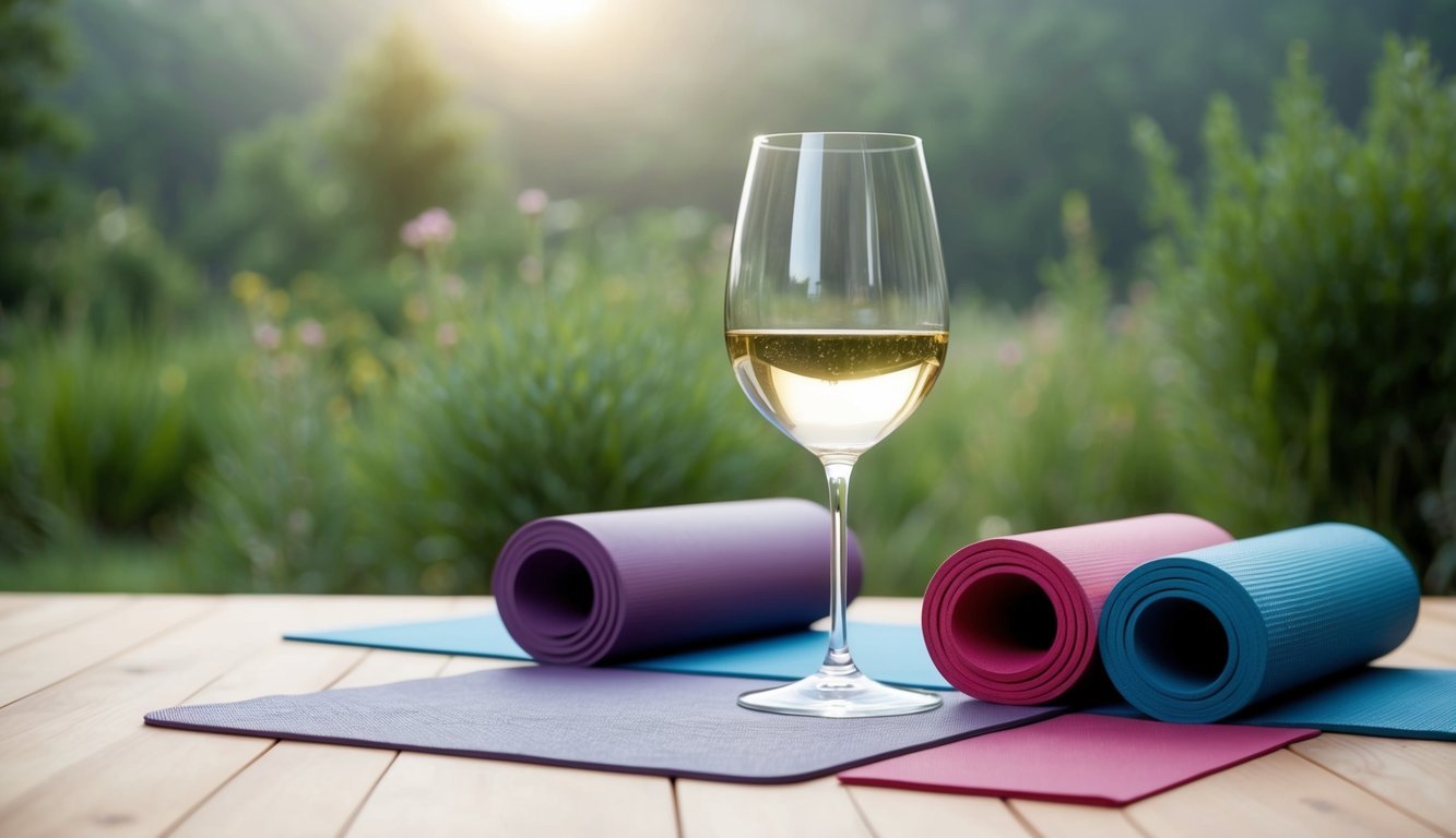 A wine glass surrounded by yoga mats and serene nature backdrop
