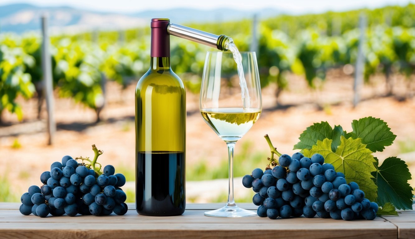 A wine bottle uncorked with a glass beside it, surrounded by grapes and a vineyard in the background