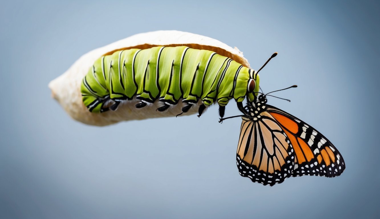 A caterpillar emerging from a cocoon as a butterfly, symbolizing transformation and change