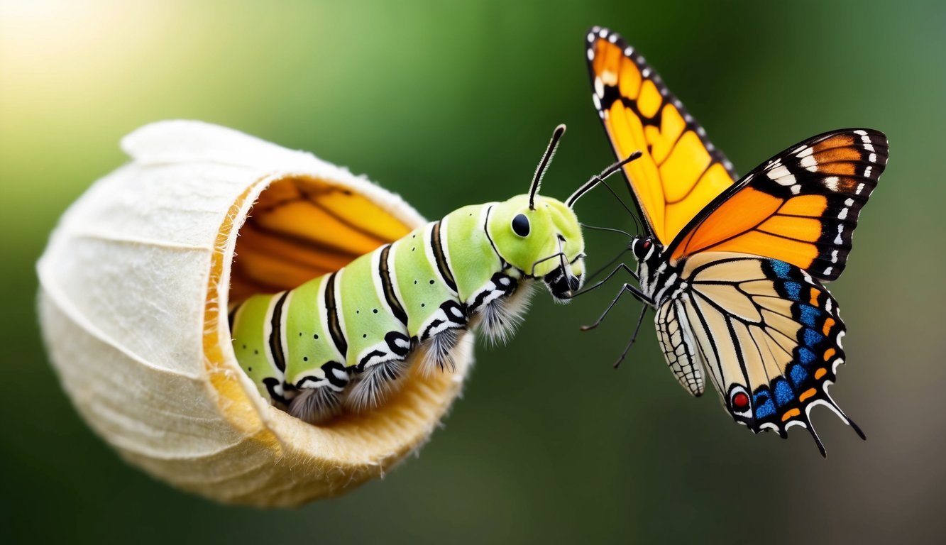 A caterpillar emerging from a cocoon as a vibrant butterfly, symbolizing transformation and change