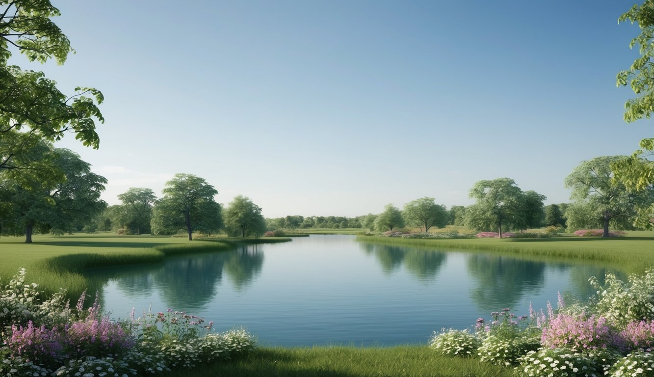 A serene landscape with a clear sky and a tranquil body of water, surrounded by lush greenery and vibrant flowers